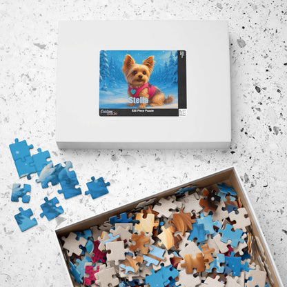 Winter Cartoon Puzzle – Personalized Disney-Style Keepsake featuring a custom dog photo and colorful puzzle pieces.