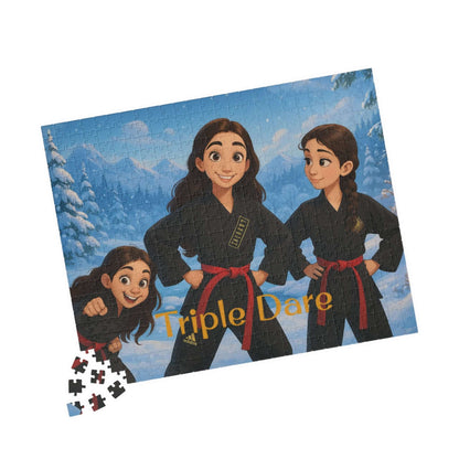 Winter Cartoon Puzzle – Personalized Disney-Style Keepsake featuring three girls in karate uniforms against snowy background.