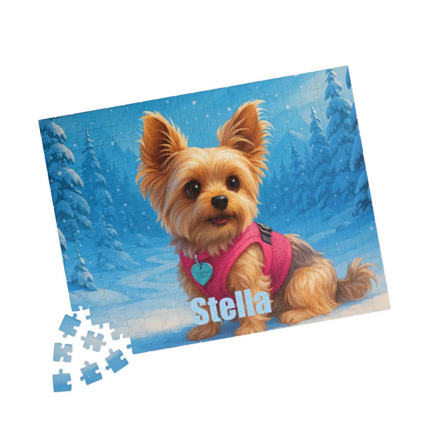 Winter Cartoon Puzzle – Personalized Disney-Style Keepsake featuring a cute dog named Stella in a snowy background.