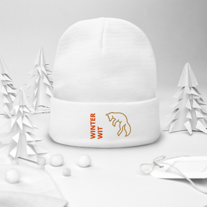 Fox Beanie – Embroidered Knit Hat with Custom Text displayed in a snowy winter setting.