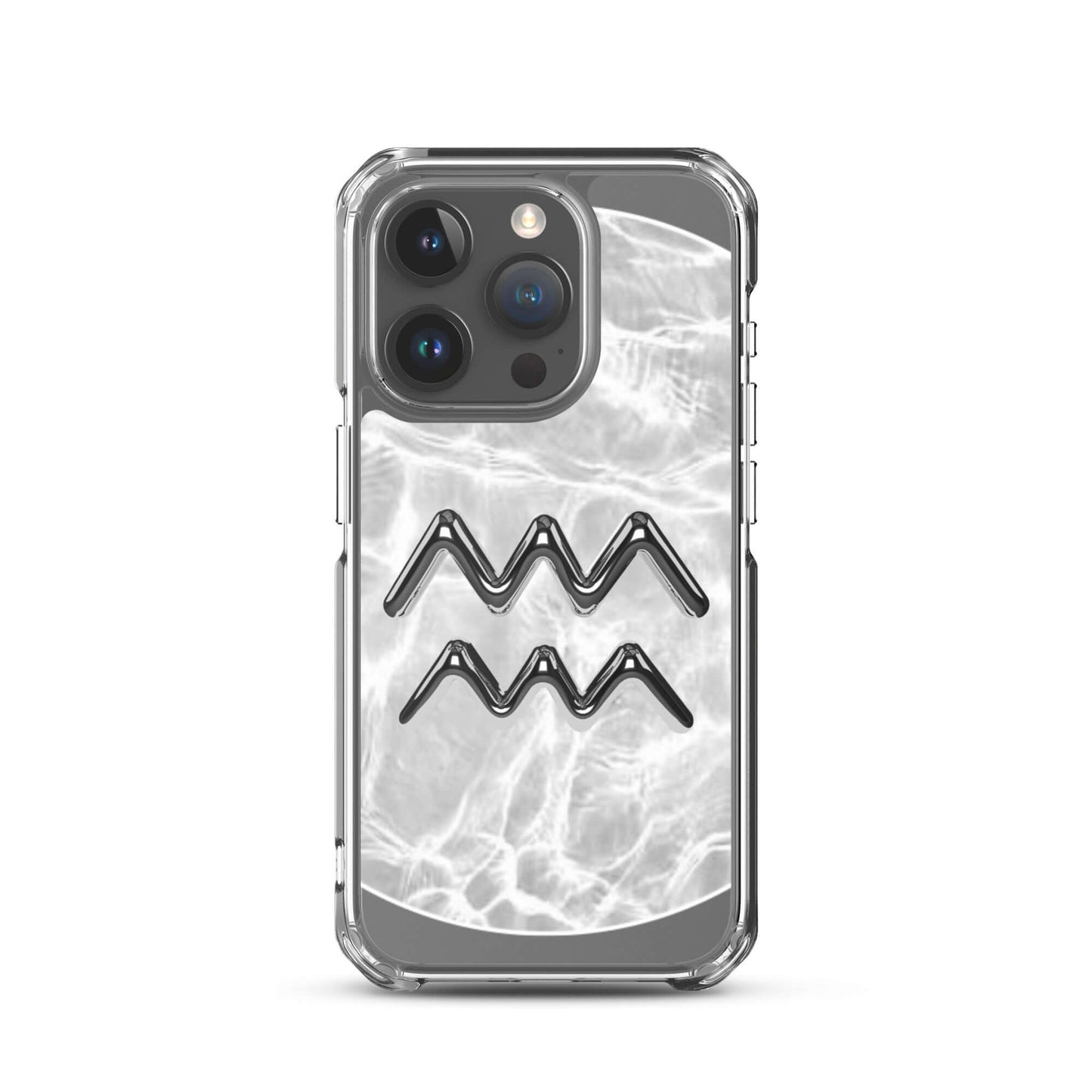 Zodiac Aquarius Magsafe clear iPhone case with metallic design over marble pattern for cosmic protection.