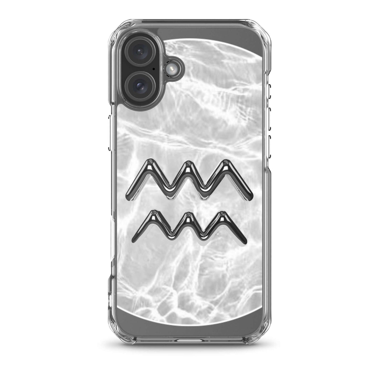 Zodiac Aquarius Magsafe clear iPhone case featuring a marble metallic design with raised bezel and sleek finish.