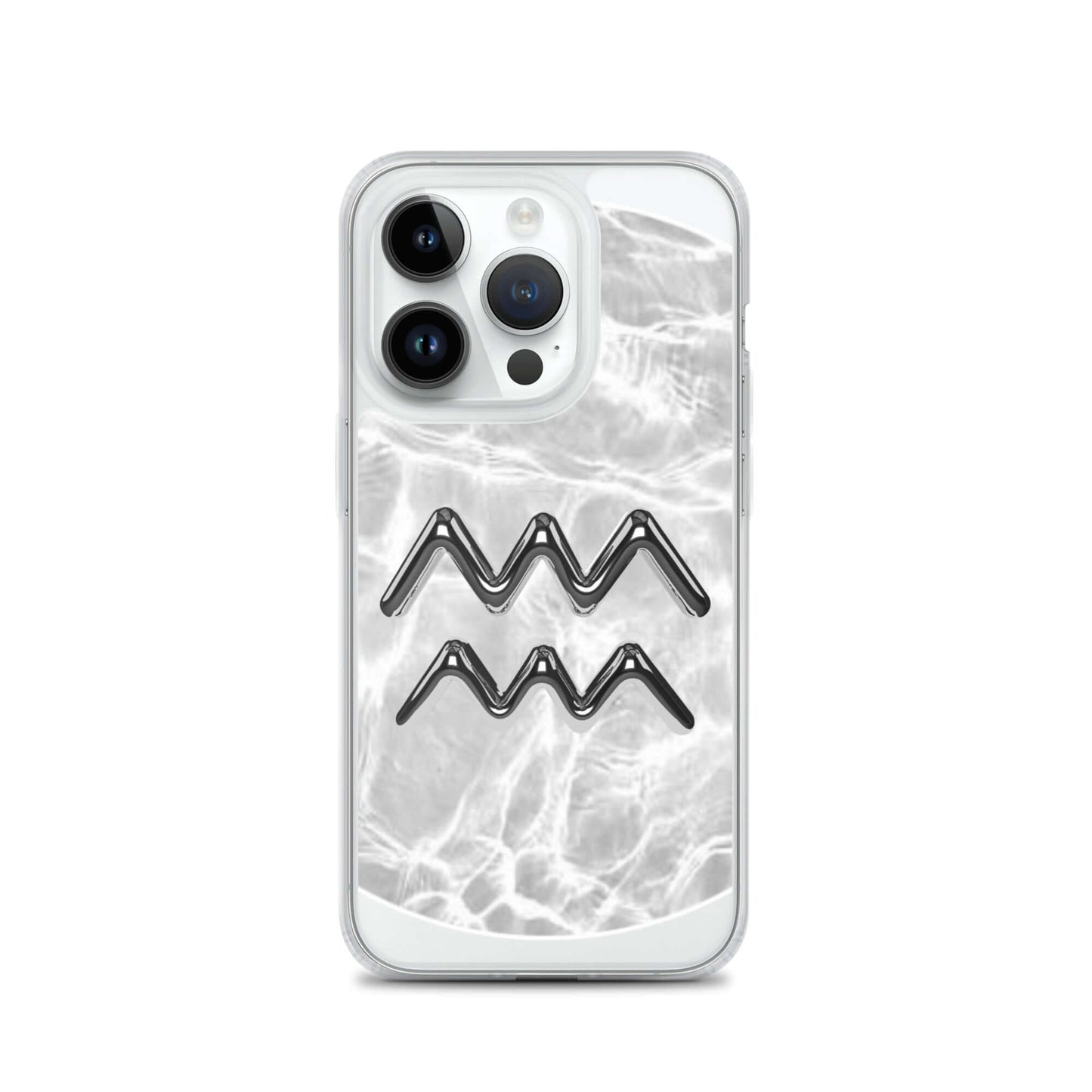 Zodiac Aquarius Magsafe clear iPhone case with metallic design over marble ripple pattern.