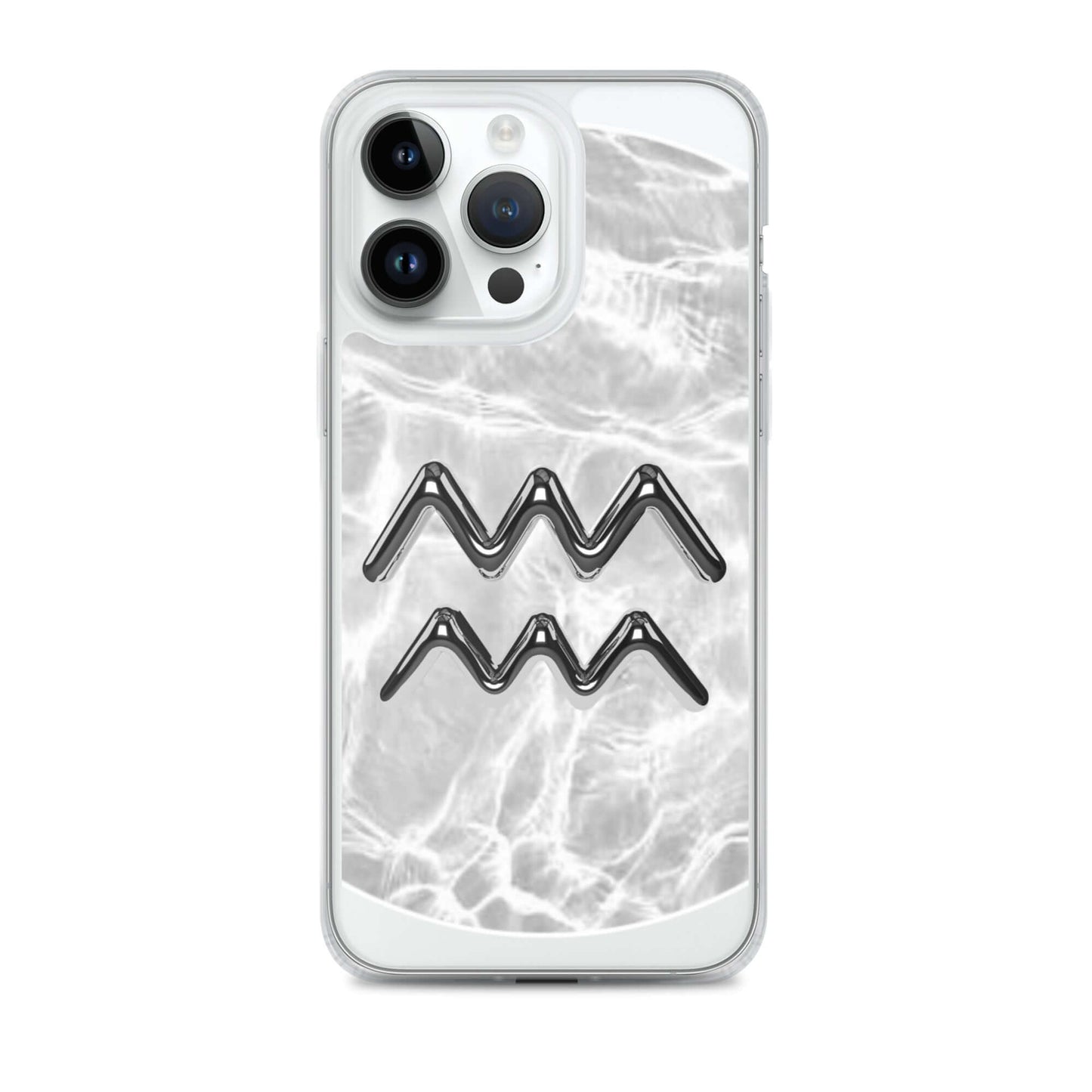 Zodiac Aquarius Magsafe clear iPhone case with metallic design on marble background.