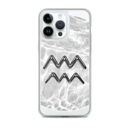 Zodiac Aquarius Magsafe clear iPhone case with metallic design on marble background.