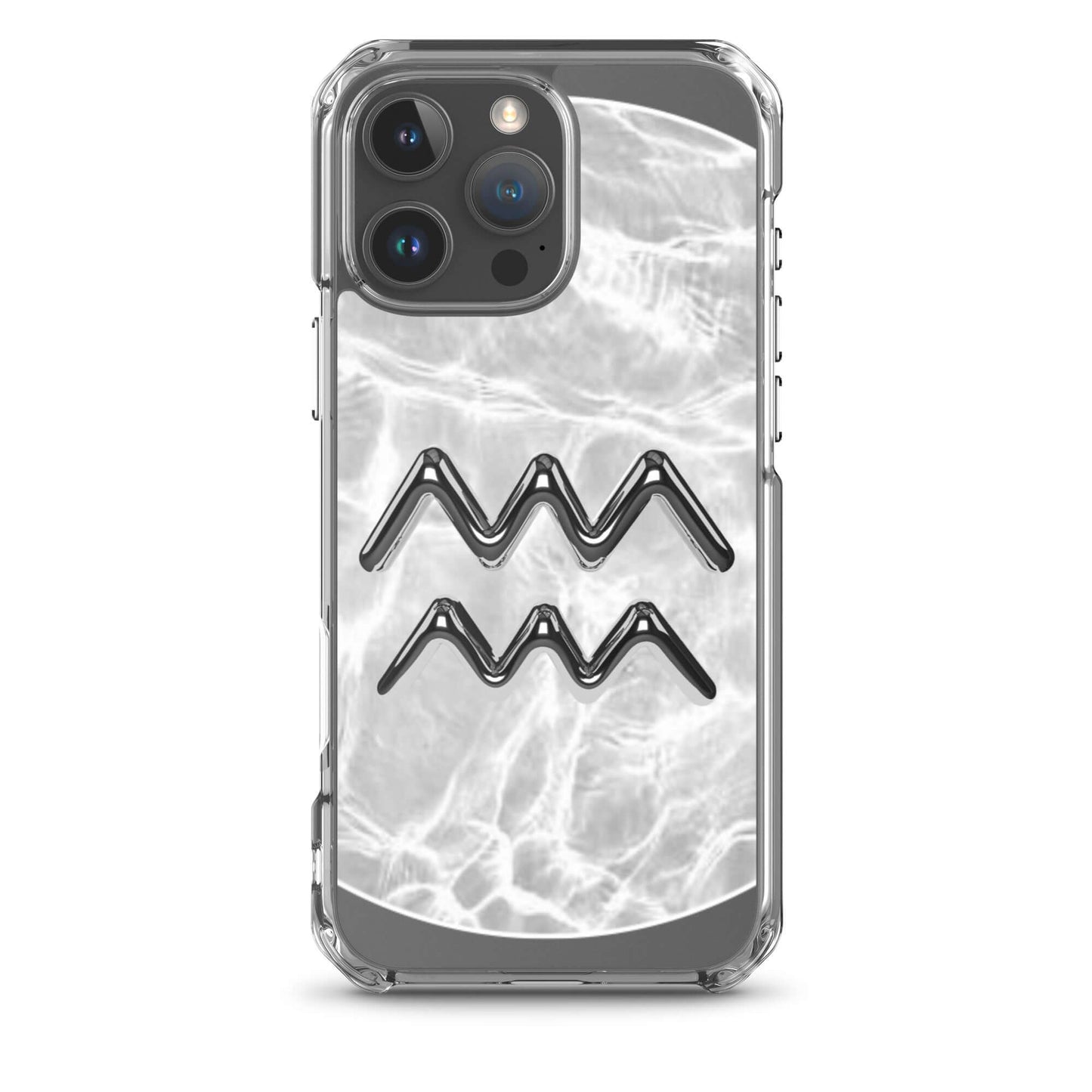 Zodiac Aquarius MagSafe clear iPhone case with metallic design on marble background, combining style and protection.