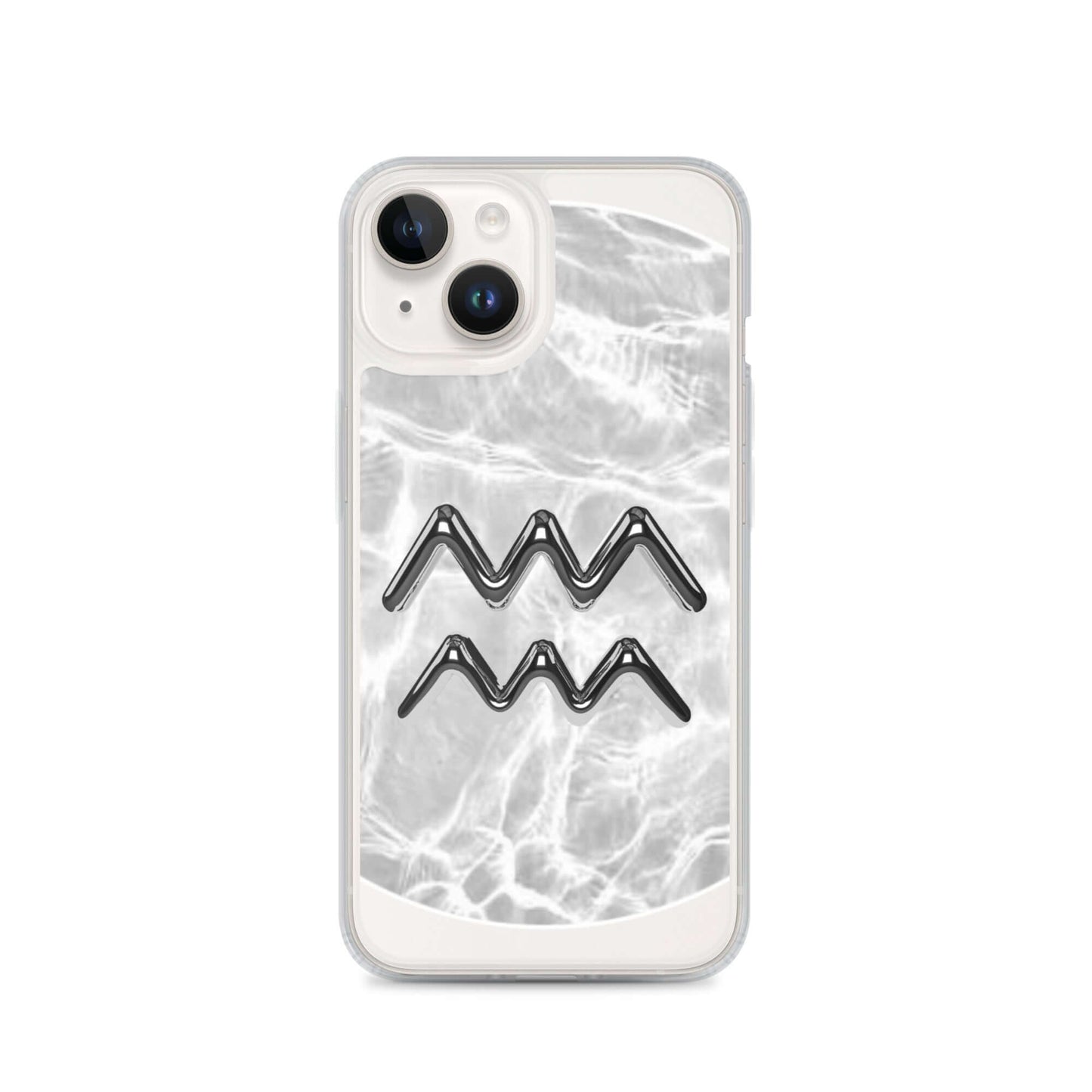 Zodiac Aquarius Magsafe clear iPhone case with metallic design on marble-inspired background.