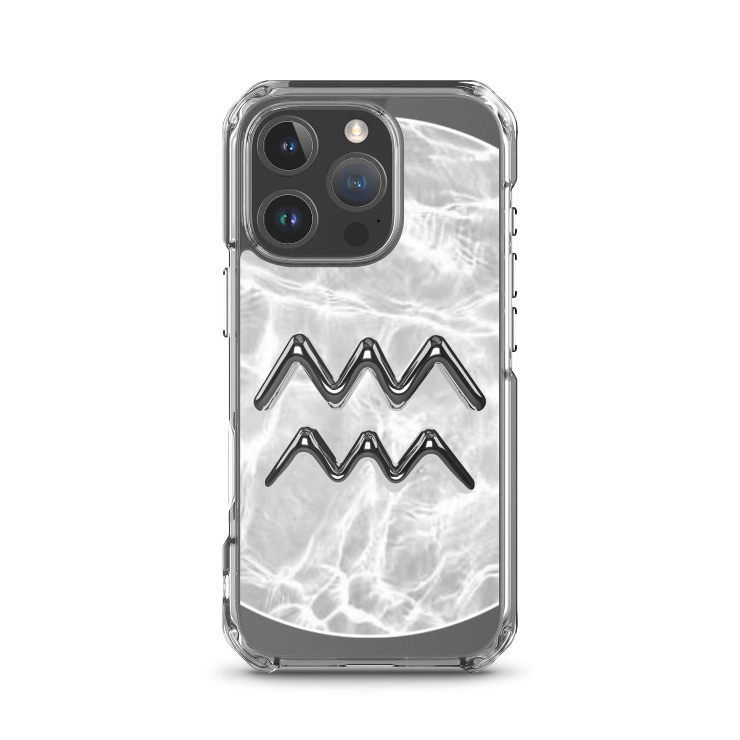 Zodiac Aquarius Magsafe clear iPhone case with metallic design over marble finish.