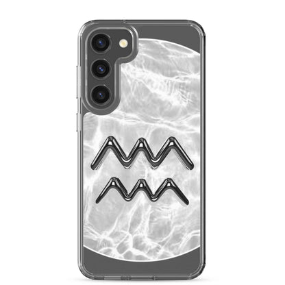 Zodiac Aquarius Samsung phone case featuring a Ripple Marble design with stylish black water bearer symbol.