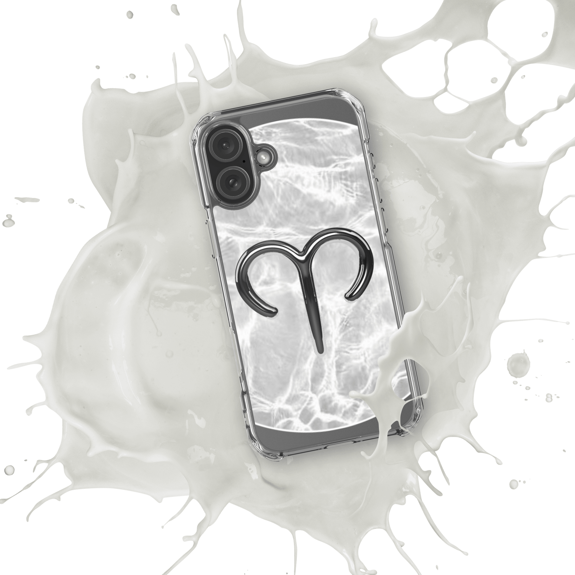 Zodiac Aries MagSafe clear iPhone case with metallic design on a marble background, splashing in white liquid.