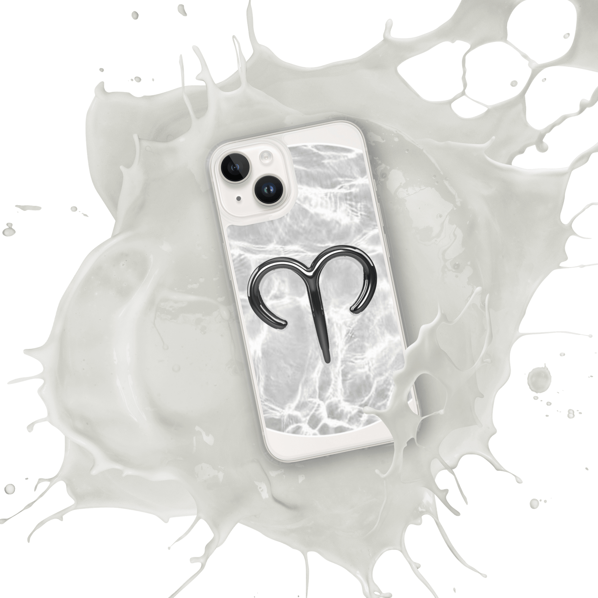 Zodiac Aries MagSafe clear iPhone case with marble design, featuring metallic Aries symbol on a splash background.