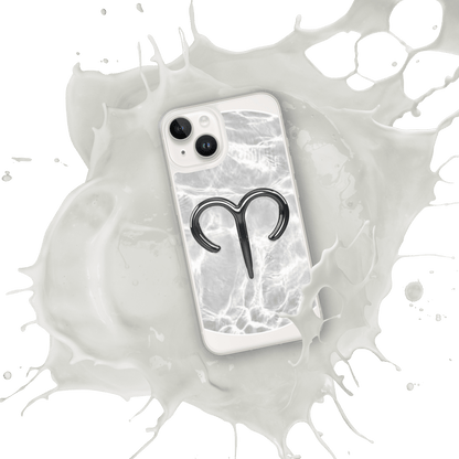 Zodiac Aries MagSafe clear iPhone case with marble design, featuring metallic Aries symbol on a splash background.