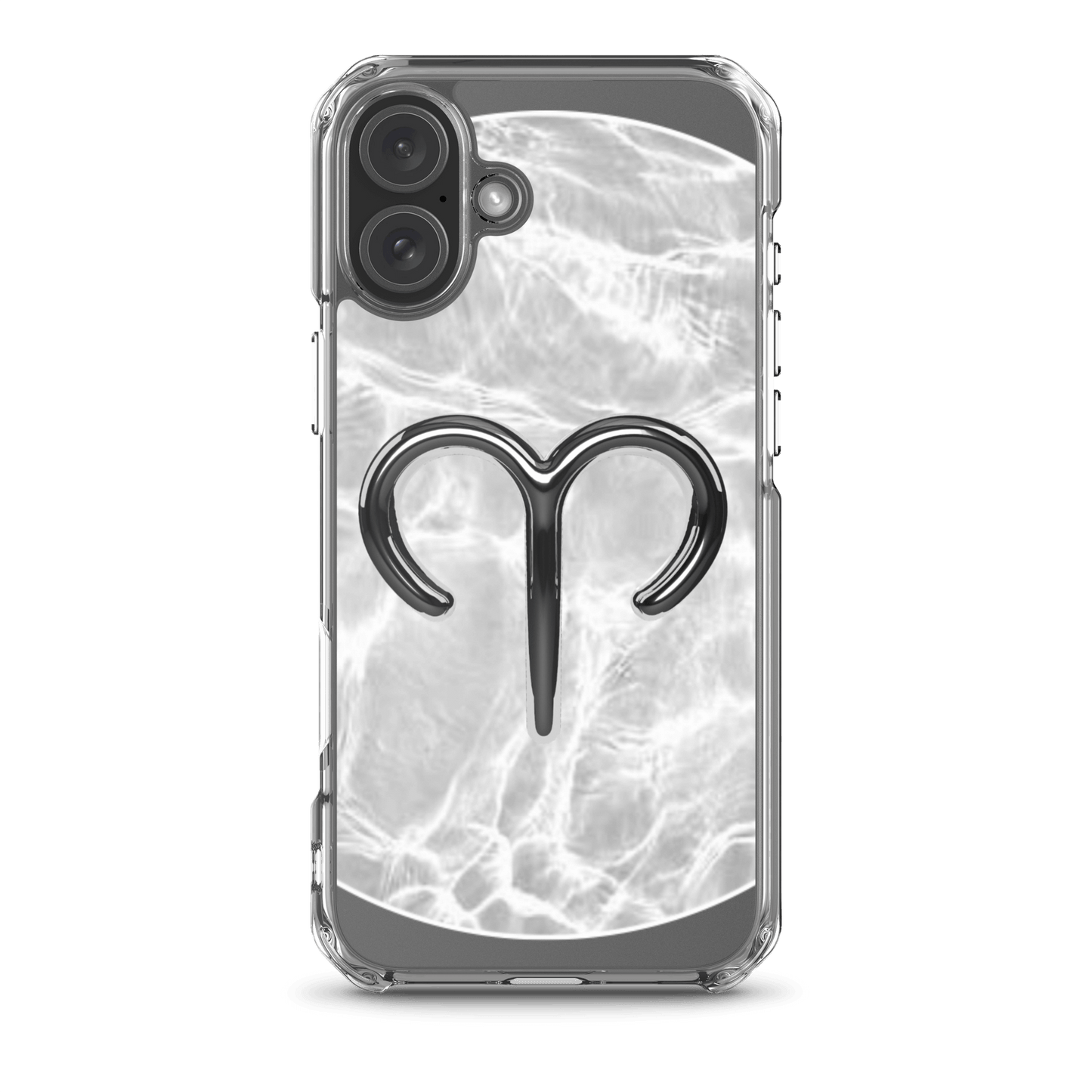 Zodiac Aries MagSafe clear iPhone case with metallic design on marble background, combining style and protection.