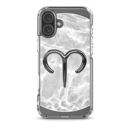 Zodiac Aries MagSafe clear iPhone case with metallic design on marble background, combining style and protection.