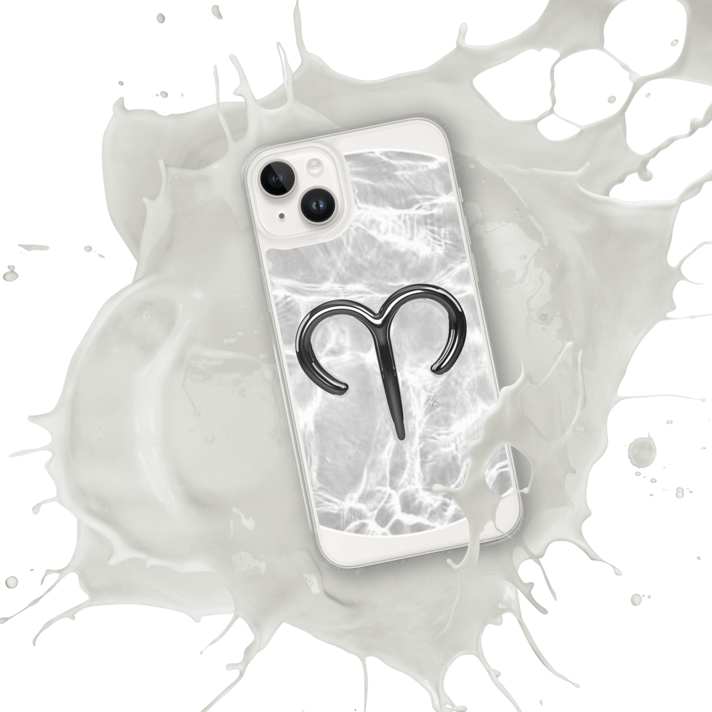 Zodiac Aries MagSafe clear iPhone case with marble metallic design, splashing in a cosmic-inspired background.