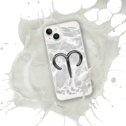 Zodiac Aries MagSafe clear iPhone case with marble metallic design, splashing in a cosmic-inspired background.