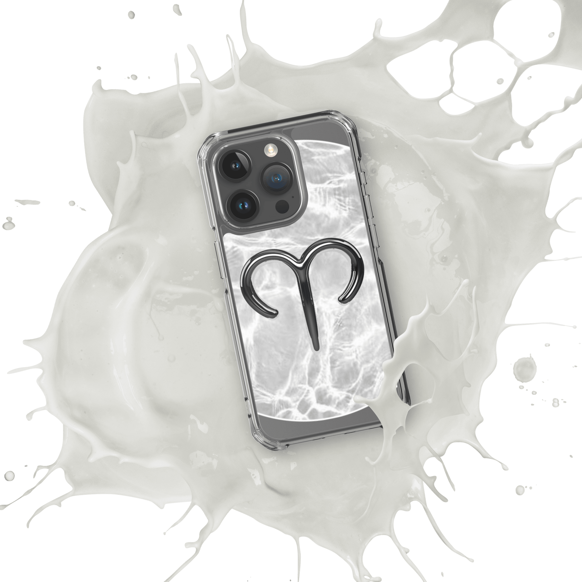 Zodiac Aries MagSafe clear iPhone case with marble design showcasing the Aries symbol, splashed in white liquid.