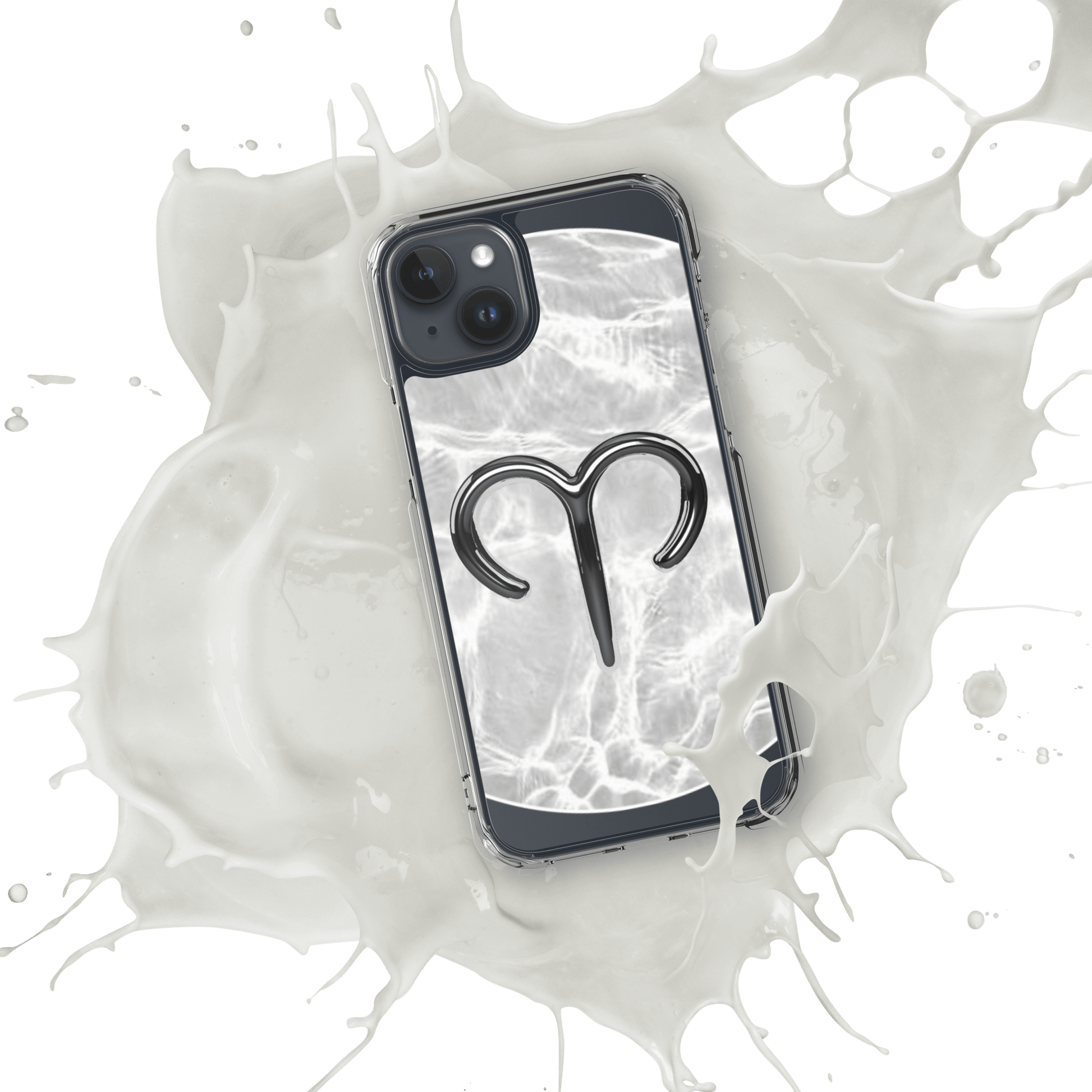 Zodiac Aries MagSafe clear iPhone case with metallic design over marble water splash background.