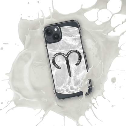 Zodiac Aries MagSafe clear iPhone case with metallic design over marble water splash background.