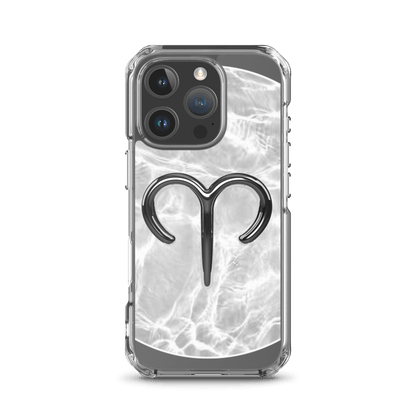 Zodiac Aries MagSafe clear iPhone case with marble metallic design, showcasing cosmic style and impact protection.