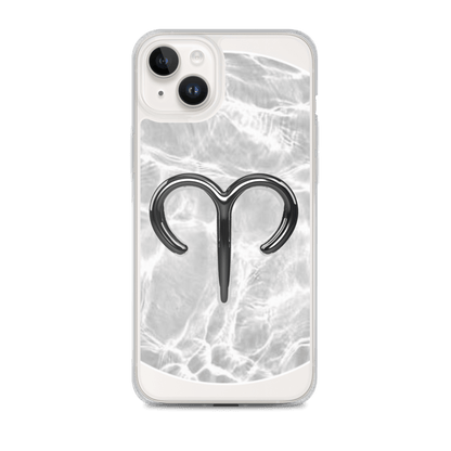 Zodiac Aries MagSafe clear iPhone case with marble metallic design showcasing the Aries symbol.