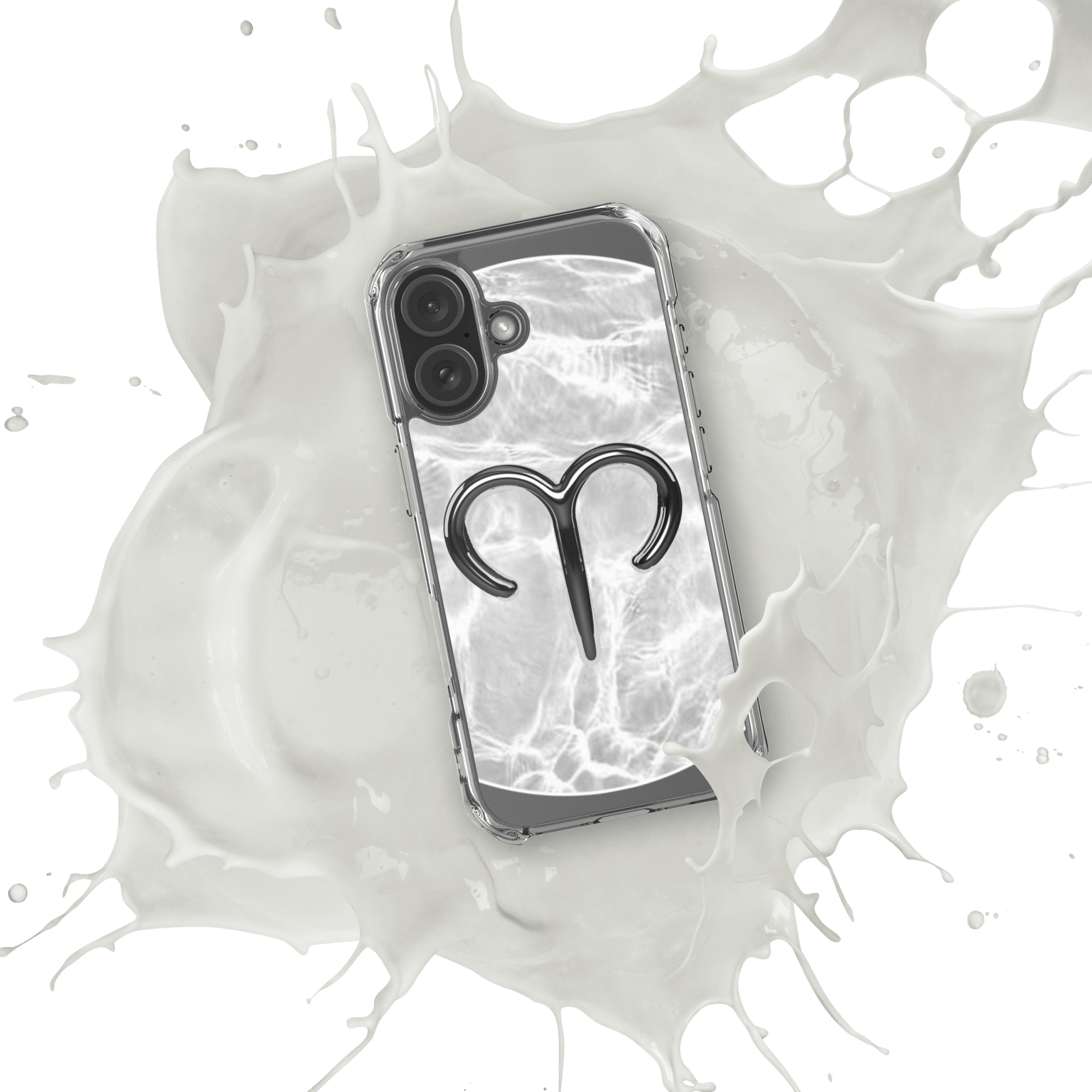 Zodiac Aries MagSafe clear iPhone case with metallic design over marble, showcasing sleek style and phone protection.