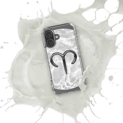 Zodiac Aries MagSafe clear iPhone case with metallic design over marble, showcasing sleek style and phone protection.