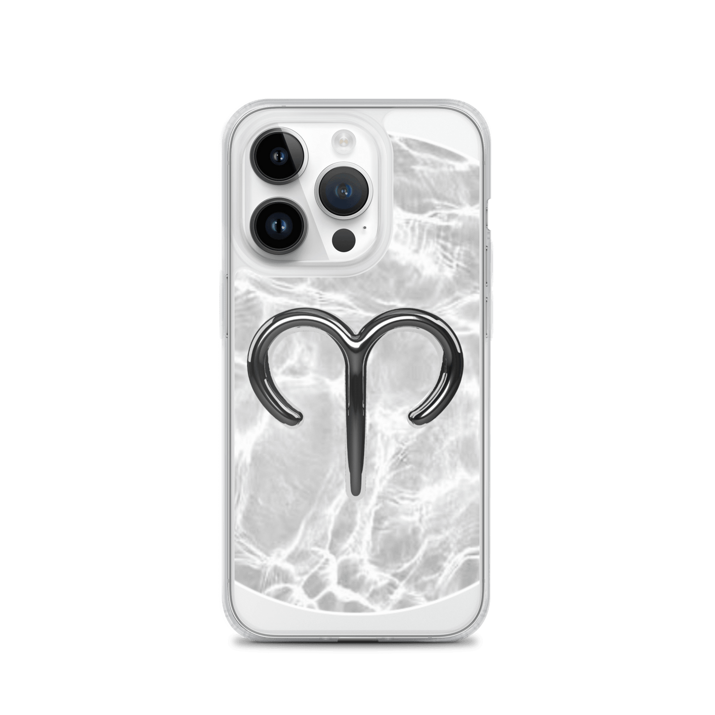 Zodiac Aries MagSafe clear iPhone case with metallic design over marble pattern, offering cosmic style and strong protection.