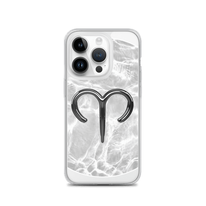 Zodiac Aries MagSafe clear iPhone case with metallic design over marble pattern, offering cosmic style and strong protection.
