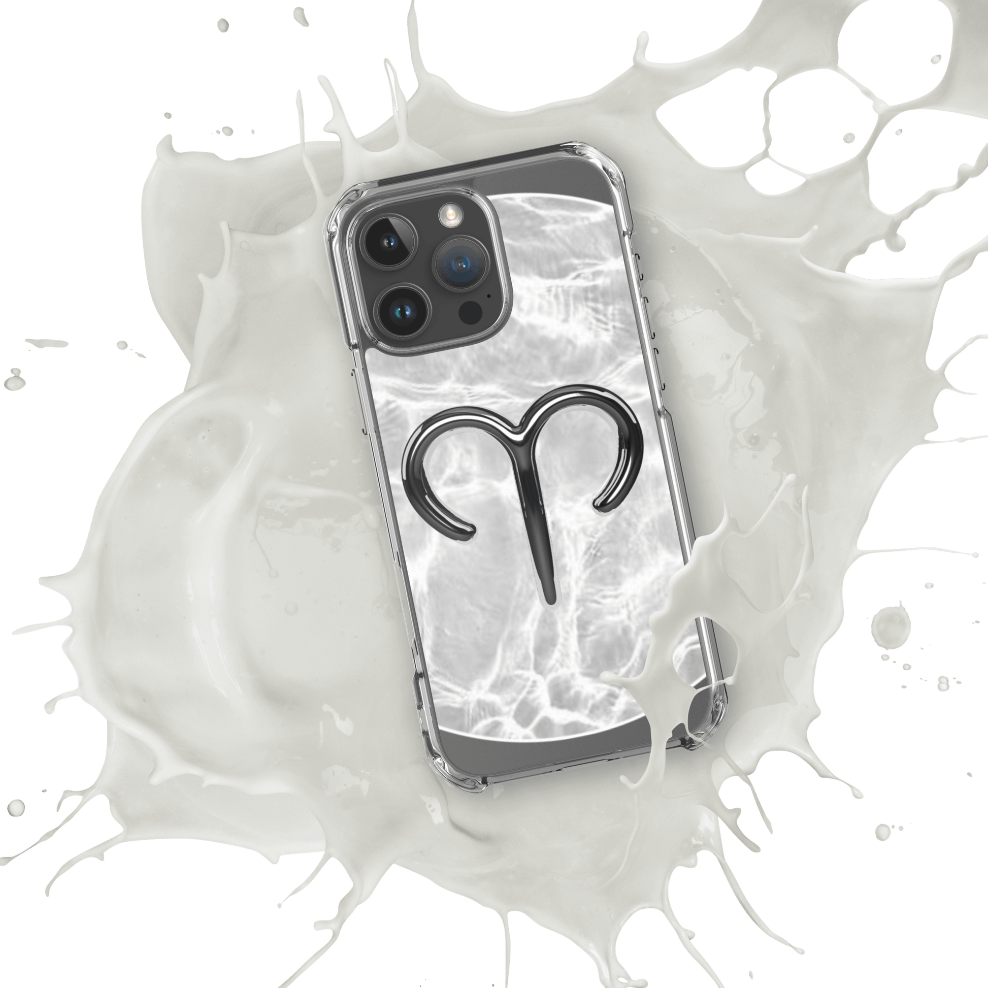 Zodiac Aries MagSafe clear iPhone case with metallic design showcased in splash of milk.