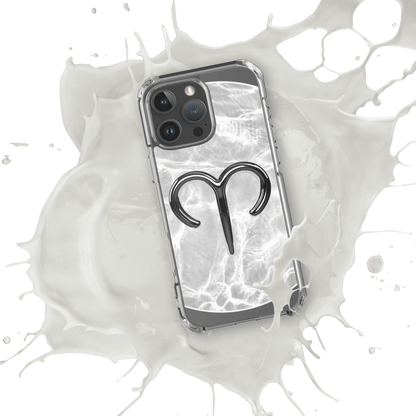 Zodiac Aries MagSafe clear iPhone case with metallic design showcased in splash of milk.