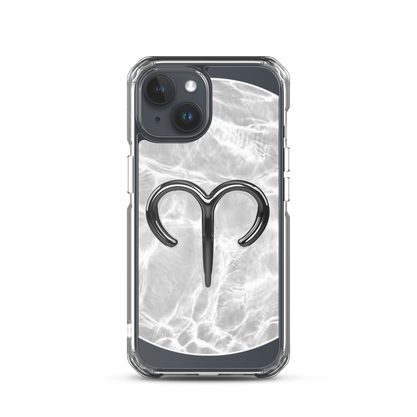Zodiac Aries MagSafe clear iPhone case with metallic design over marble texture.