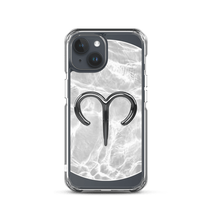 Zodiac Aries MagSafe clear iPhone case with metallic design over marble texture.