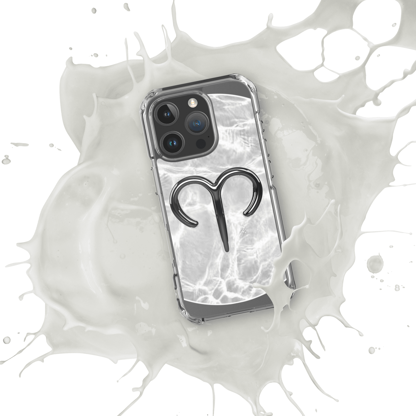 Zodiac Aries MagSafe clear iPhone case with metallic design over marble pattern, splashed in white background.