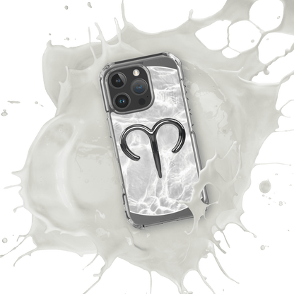 Zodiac Aries MagSafe clear iPhone case with metallic design over marble pattern, splashed in white background.