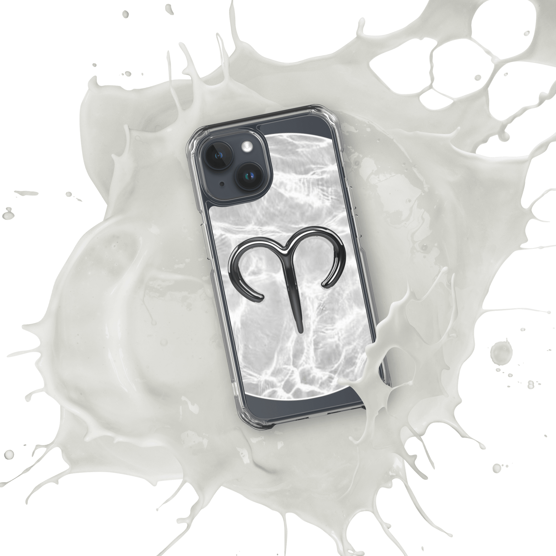 Zodiac Aries MagSafe clear iPhone case with metallic design on marble-inspired background.