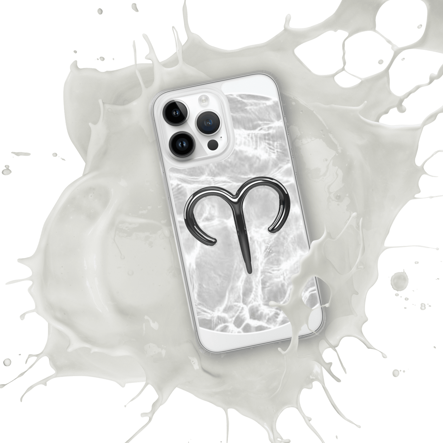 Zodiac Aries MagSafe clear iPhone case with marble metallic design splashing in milk