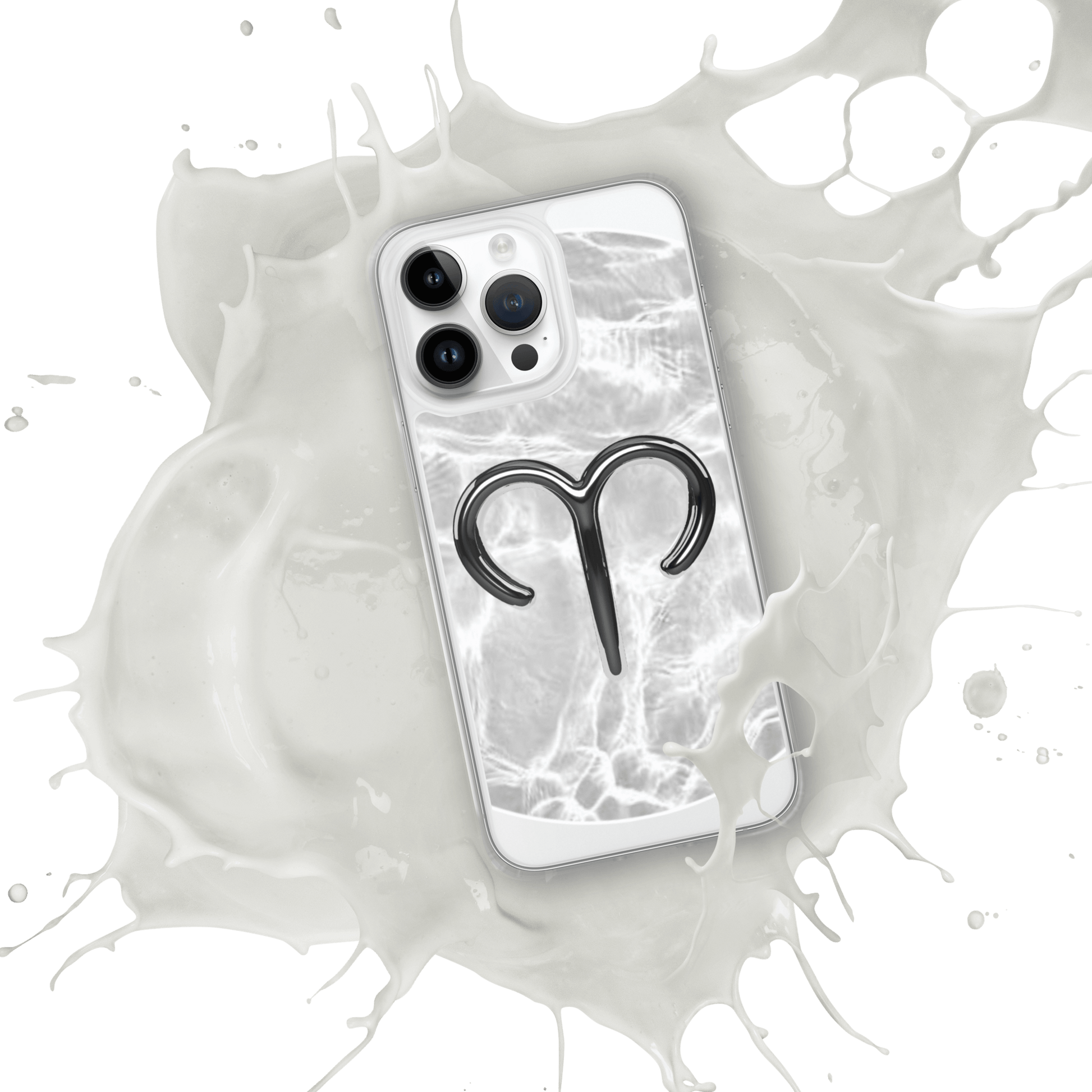 Zodiac Aries MagSafe clear iPhone case with marble metallic design splashing in milk
