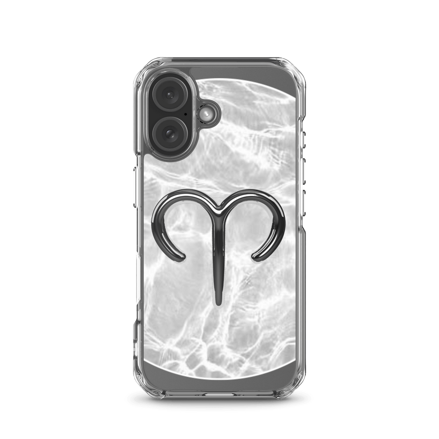 Clear MagSafe iPhone case with metallic Aries symbol on marble background, stylish and protective.