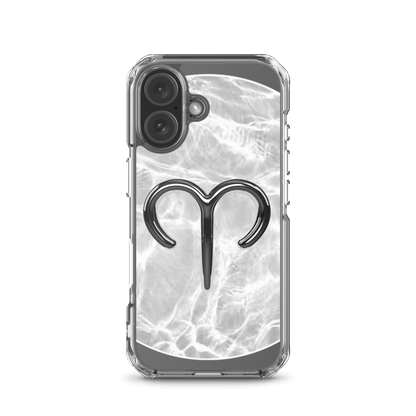 Clear MagSafe iPhone case with metallic Aries symbol on marble background, stylish and protective.