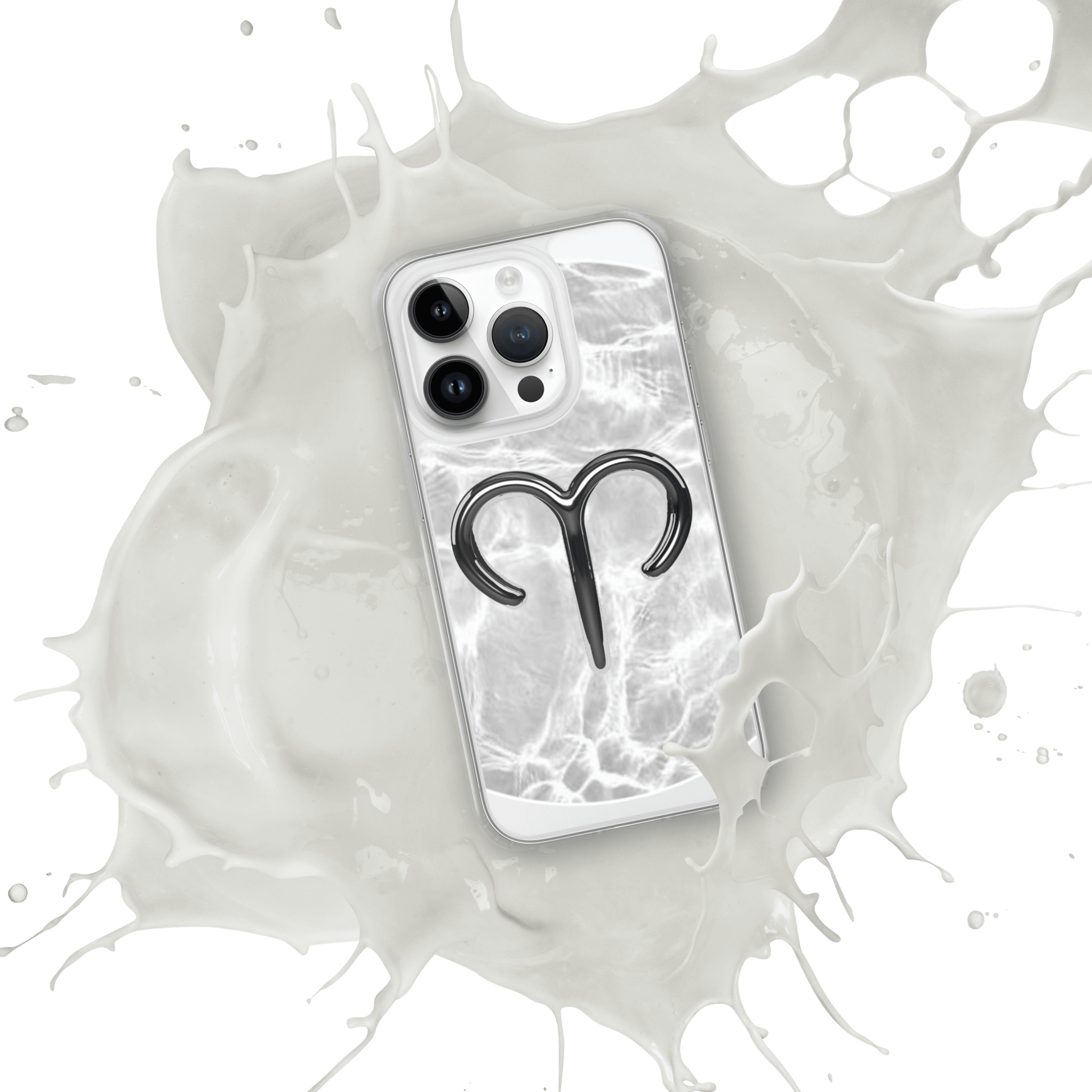 Zodiac Aries MagSafe clear iPhone case with metallic design in a splash of white, showcasing style and protection.