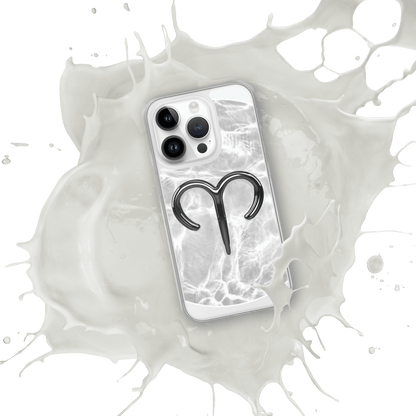 Zodiac Aries MagSafe clear iPhone case with metallic design in a splash of white, showcasing style and protection.