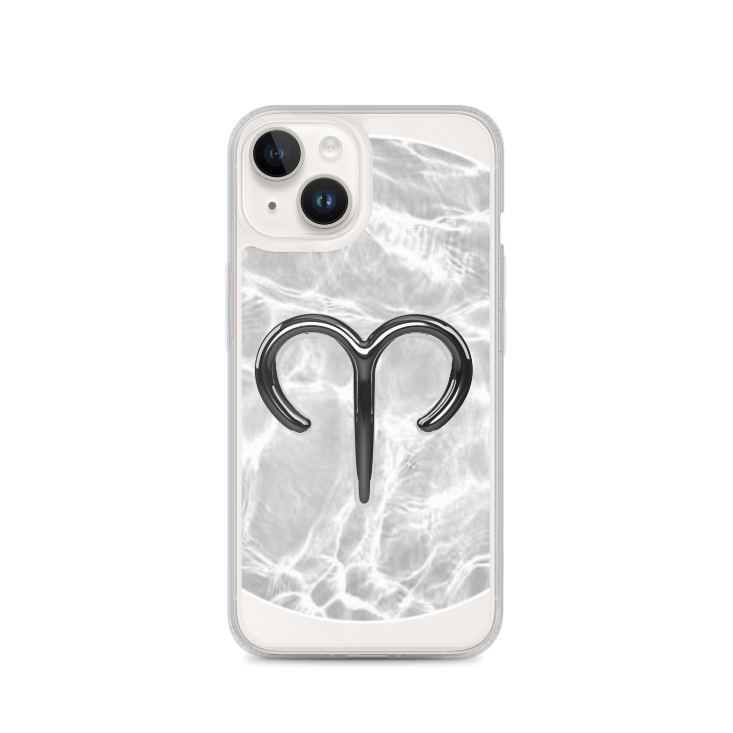Zodiac Aries MagSafe clear iPhone case with marble design and metallic Aries symbol on a reflective surface.