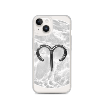 Zodiac Aries MagSafe clear iPhone case with marble design and metallic Aries symbol on a reflective surface.