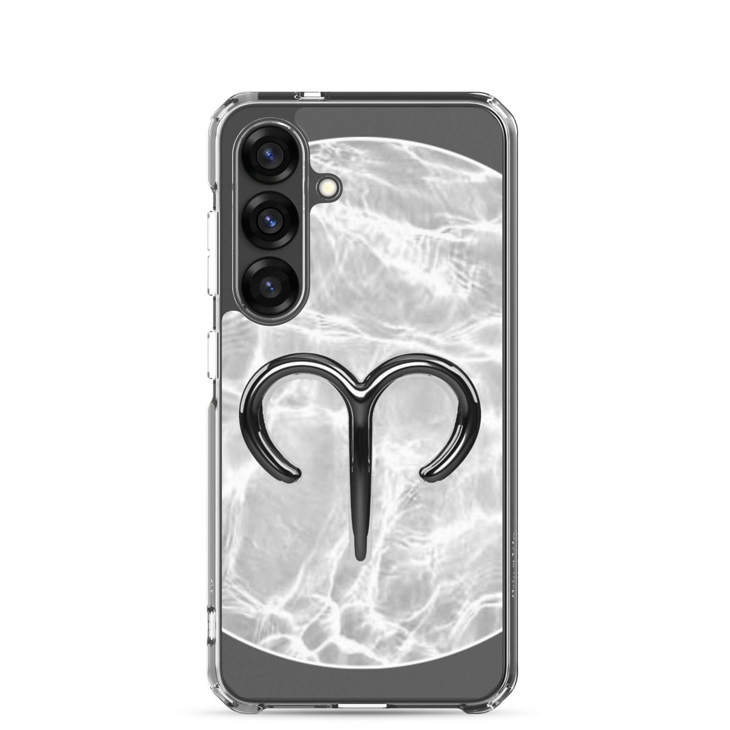Zodiac Aries Samsung phone case with bold ram symbol on ripple marble finish showcasing sleek protection and style.
