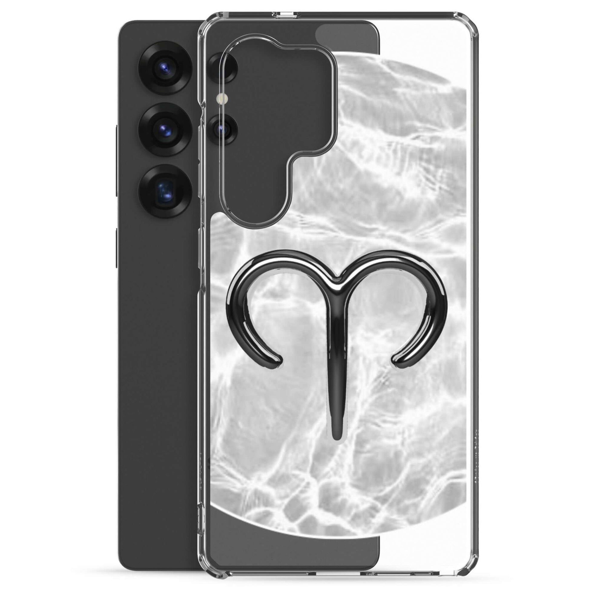 Zodiac Aries Samsung Phone Case featuring bold ram design and ripple marble finish on a sleek black phone.