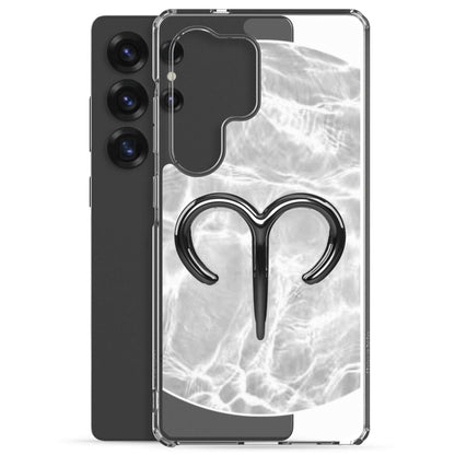 Zodiac Aries Samsung Phone Case featuring bold ram design and ripple marble finish on a sleek black phone.