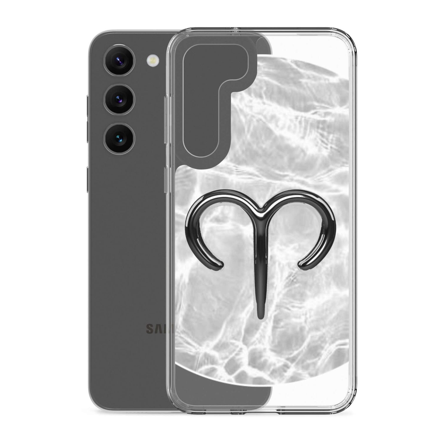 Zodiac Aries Samsung phone case featuring bold ram design and ripple marble finish, perfect for protection and style.