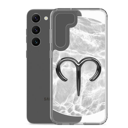 Zodiac Aries Samsung phone case featuring bold ram design and ripple marble finish, perfect for protection and style.