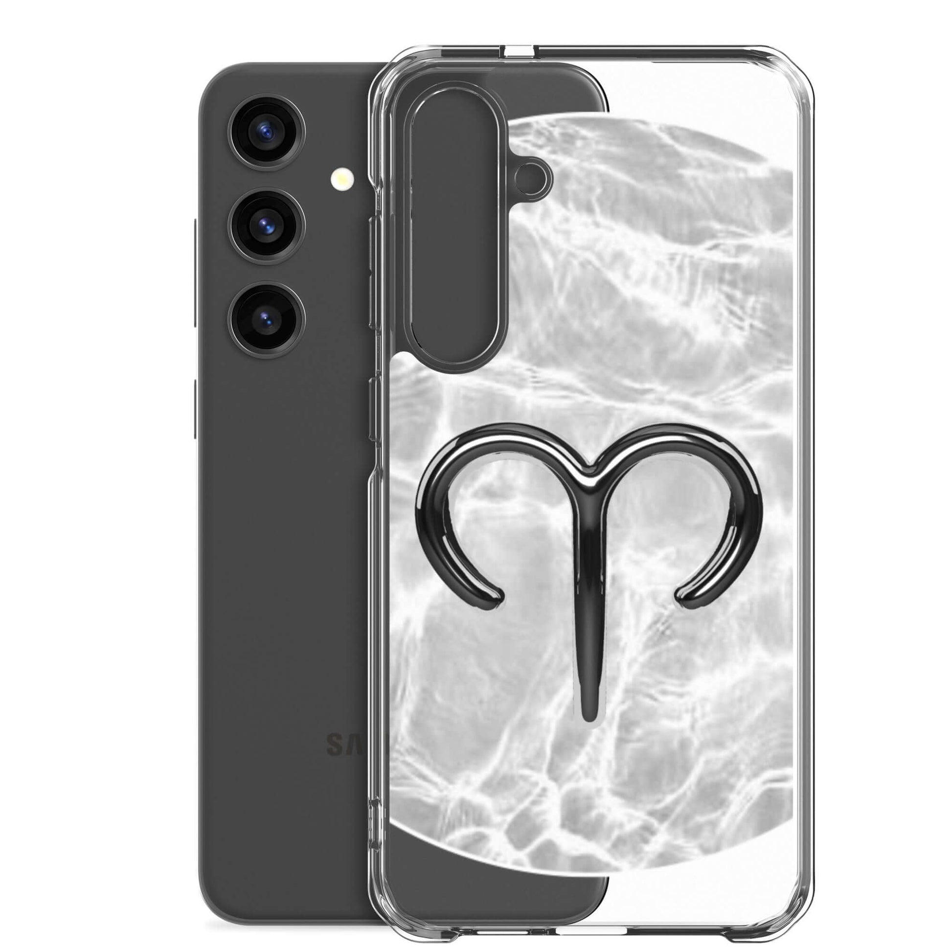 Zodiac Aries Samsung Phone Case with ripple marble design, showcasing Aries ram symbol on a sleek, flexible case.